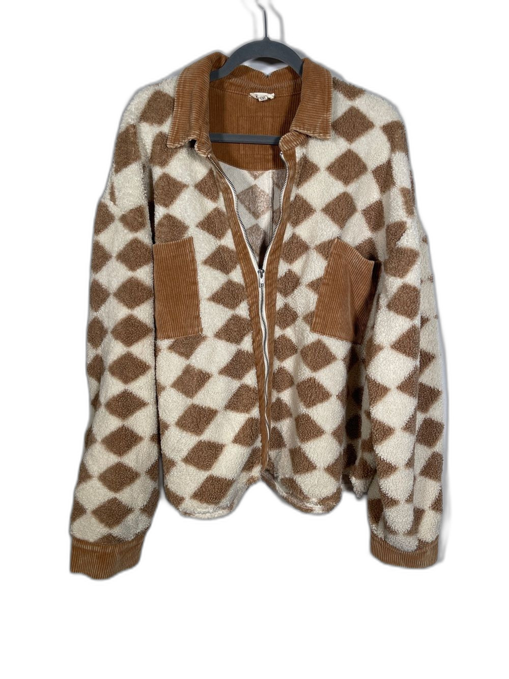 POL WOMENS BOUTIQUE DIAMOND CHECK ZIP UP JACKET BROWN WHITE 3XL
